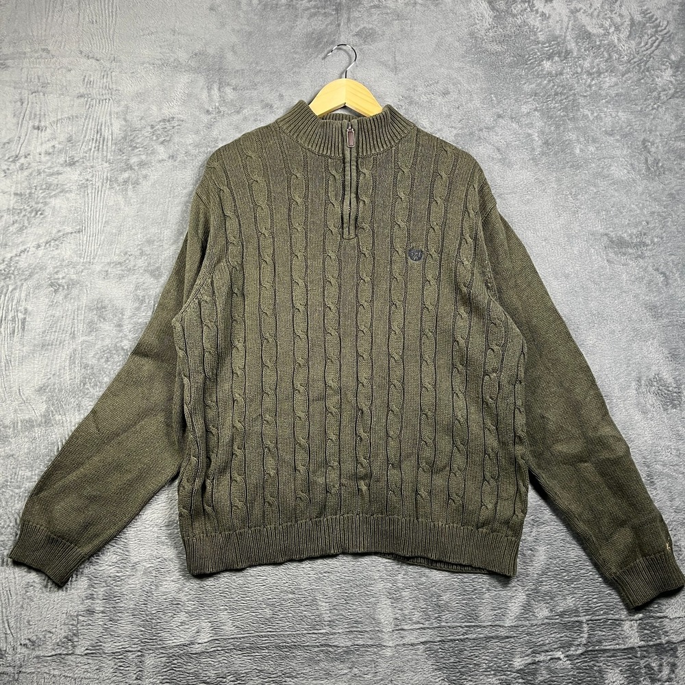 Chaps Sweater Mens Large Olive Green Cable Knit Ribbed Trims Cotton Quarter Zip